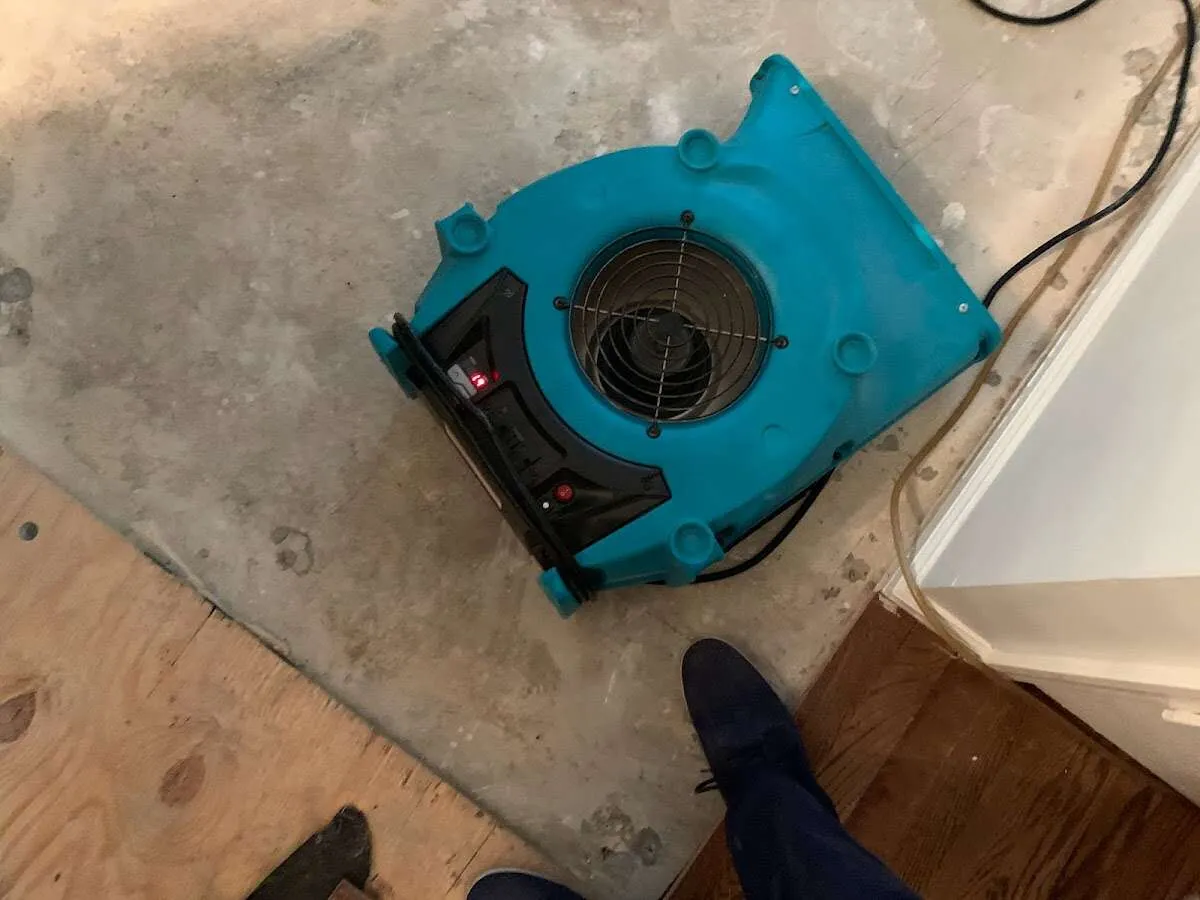 Air mover drying subfloor during Commercial Water Damage Restoration in Fair Lawn